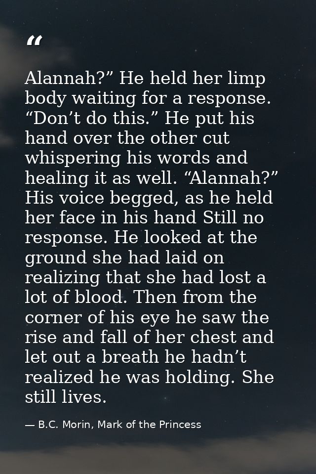 Alannah?” He held her limp body waiting for a response. “Don’t do this.” He put his hand over the other cut whispering h — B.C. Morin, Mark of the Princess