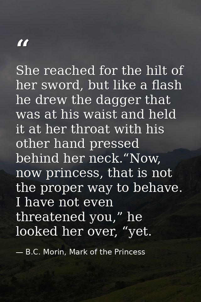 She reached for the hilt of her sword, but like a flash he drew the dagger that was at his waist and held it at her thro — B.C. Morin, Mark of the Princess