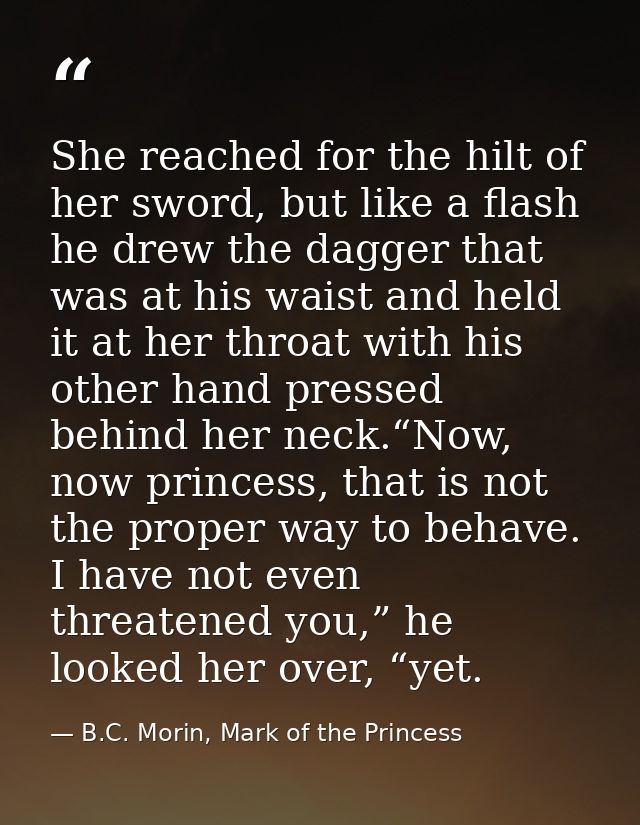 She reached for the hilt of her sword, but like a flash he drew the dagger that was at his waist and held it at her thro — B.C. Morin, Mark of the Princess