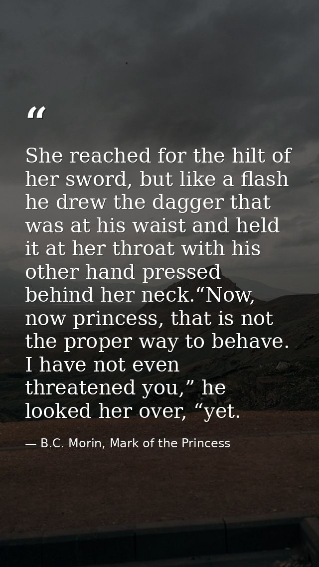 She reached for the hilt of her sword, but like a flash he drew the dagger that was at his waist and held it at her thro — B.C. Morin, Mark of the Princess
