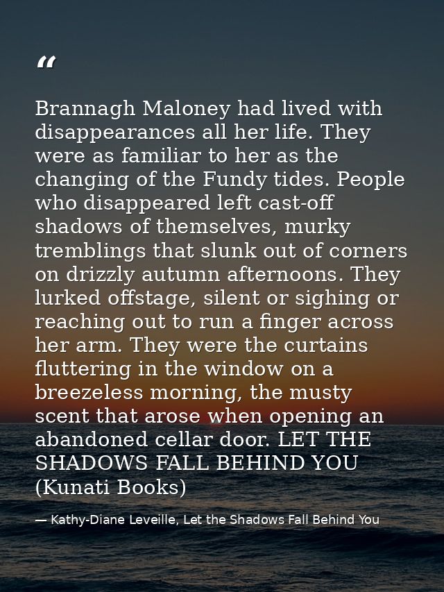 Brannagh Maloney had lived with disappearances all her life. They were as familiar to her as the changing of the Fundy t — Kathy-Diane Leveille, Let the Shadows Fall Behind You
