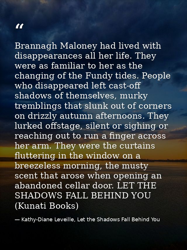 Brannagh Maloney had lived with disappearances all her life. They were as familiar to her as the changing of the Fundy t — Kathy-Diane Leveille, Let the Shadows Fall Behind You