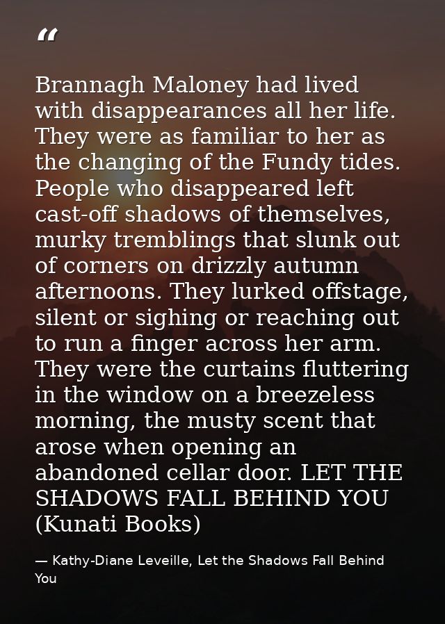 Brannagh Maloney had lived with disappearances all her life. They were as familiar to her as the changing of the Fundy t — Kathy-Diane Leveille, Let the Shadows Fall Behind You