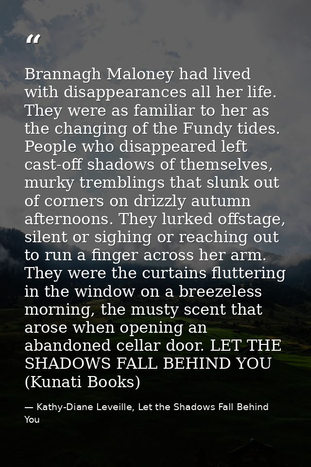 Brannagh Maloney had lived with disappearances all her life. They were as familiar to her as the changing of the Fundy t — Kathy-Diane Leveille, Let the Shadows Fall Behind You