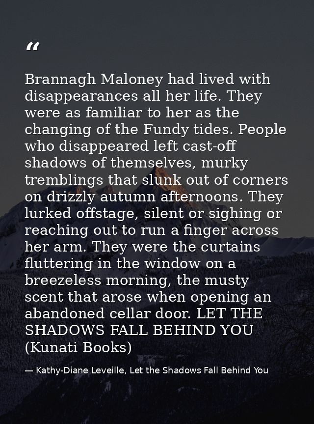 Brannagh Maloney had lived with disappearances all her life. They were as familiar to her as the changing of the Fundy t — Kathy-Diane Leveille, Let the Shadows Fall Behind You