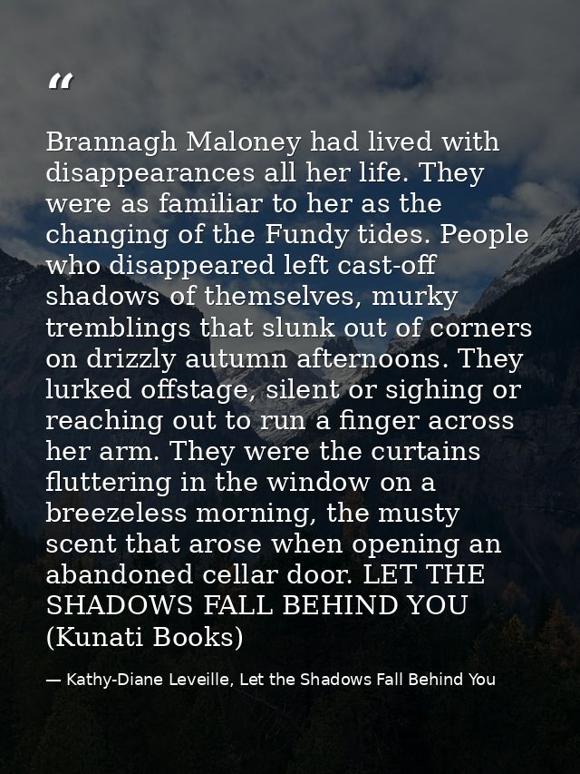 Brannagh Maloney had lived with disappearances all her life. They were as familiar to her as the changing of the Fundy t — Kathy-Diane Leveille, Let the Shadows Fall Behind You