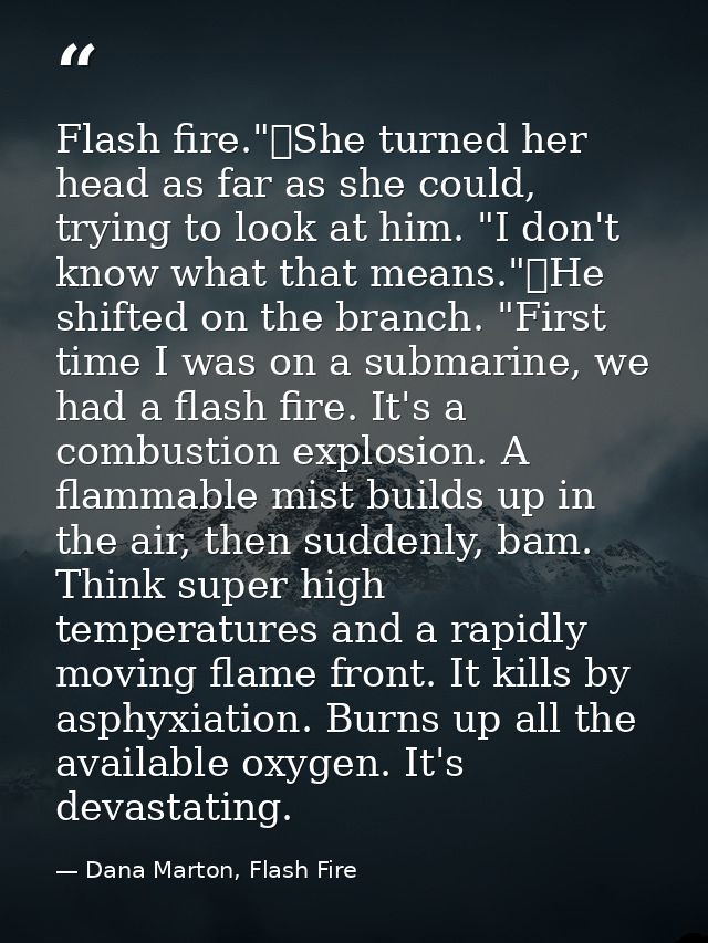 Flash fire."	She turned her head as far as she could, trying to look at him. "I don't know what that means."	He shifted  — Dana Marton, Flash Fire