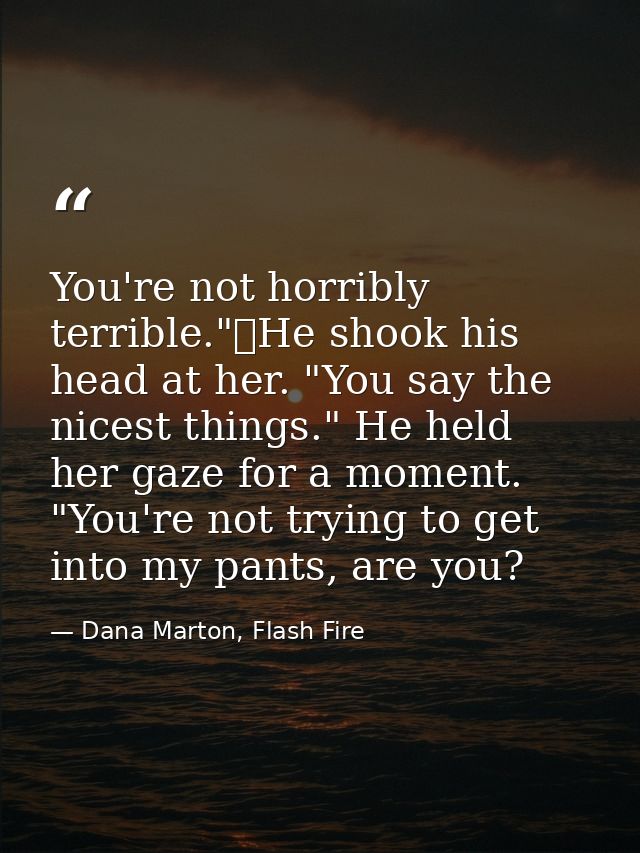 You're not horribly terrible."	He shook his head at her. "You say the nicest things." He held her gaze for a moment. "Yo — Dana Marton, Flash Fire