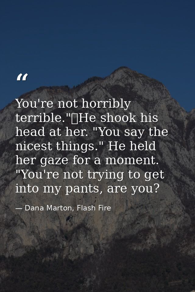 You're not horribly terrible."	He shook his head at her. "You say the nicest things." He held her gaze for a moment. "Yo — Dana Marton, Flash Fire