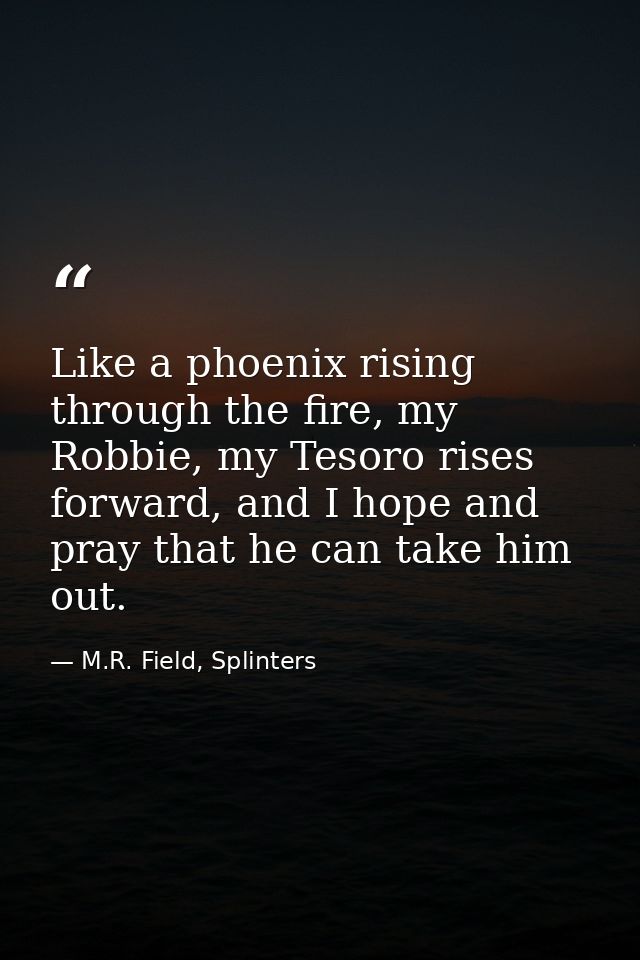 Like a phoenix rising through the fire, my Robbie, my Tesoro rises forward, and I hope and pray that he can take him out — M.R. Field, Splinters
