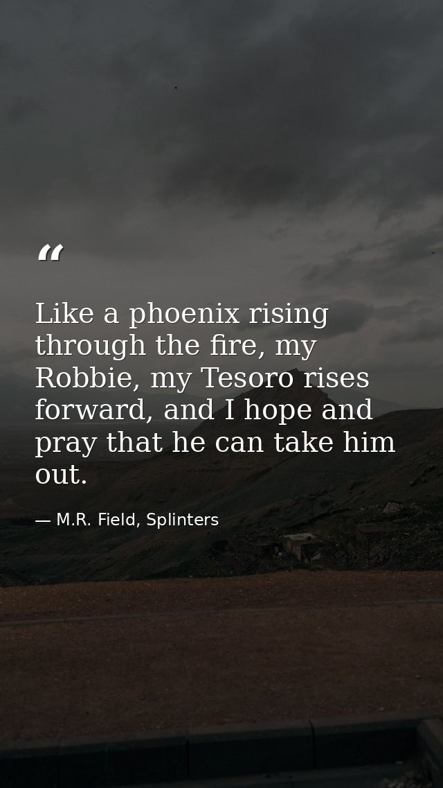Like a phoenix rising through the fire, my Robbie, my Tesoro rises forward, and I hope and pray that he can take him out — M.R. Field, Splinters