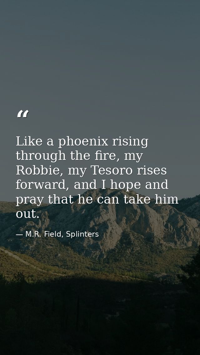 Like a phoenix rising through the fire, my Robbie, my Tesoro rises forward, and I hope and pray that he can take him out — M.R. Field, Splinters