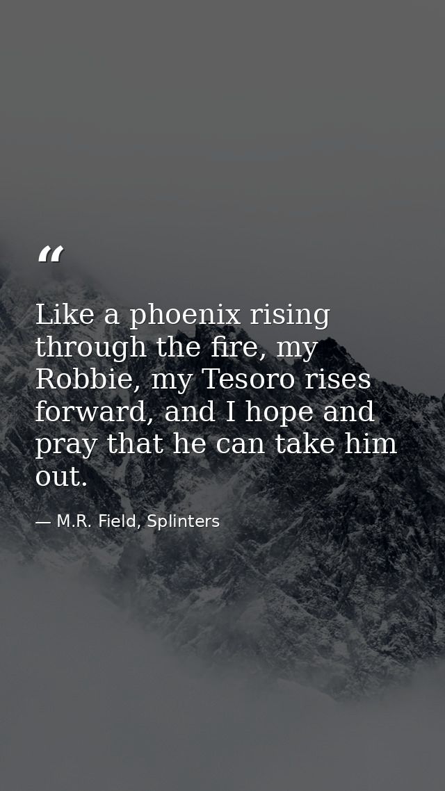 Like a phoenix rising through the fire, my Robbie, my Tesoro rises forward, and I hope and pray that he can take him out — M.R. Field, Splinters
