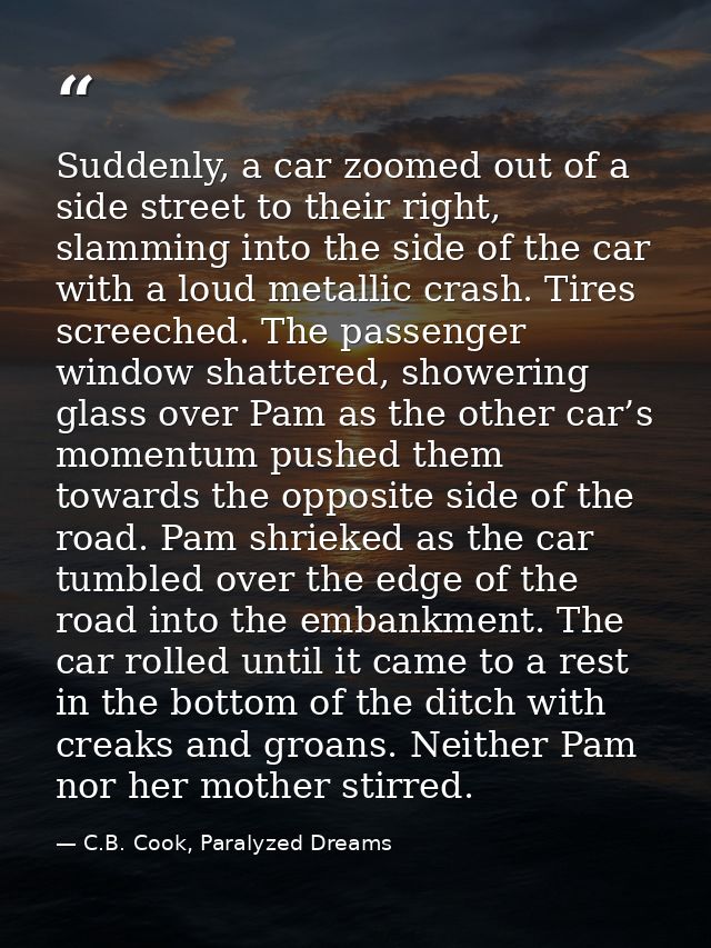Suddenly, a car zoomed out of a side street to their right, slamming into the side of the car with a loud metallic crash — C.B. Cook, Paralyzed Dreams