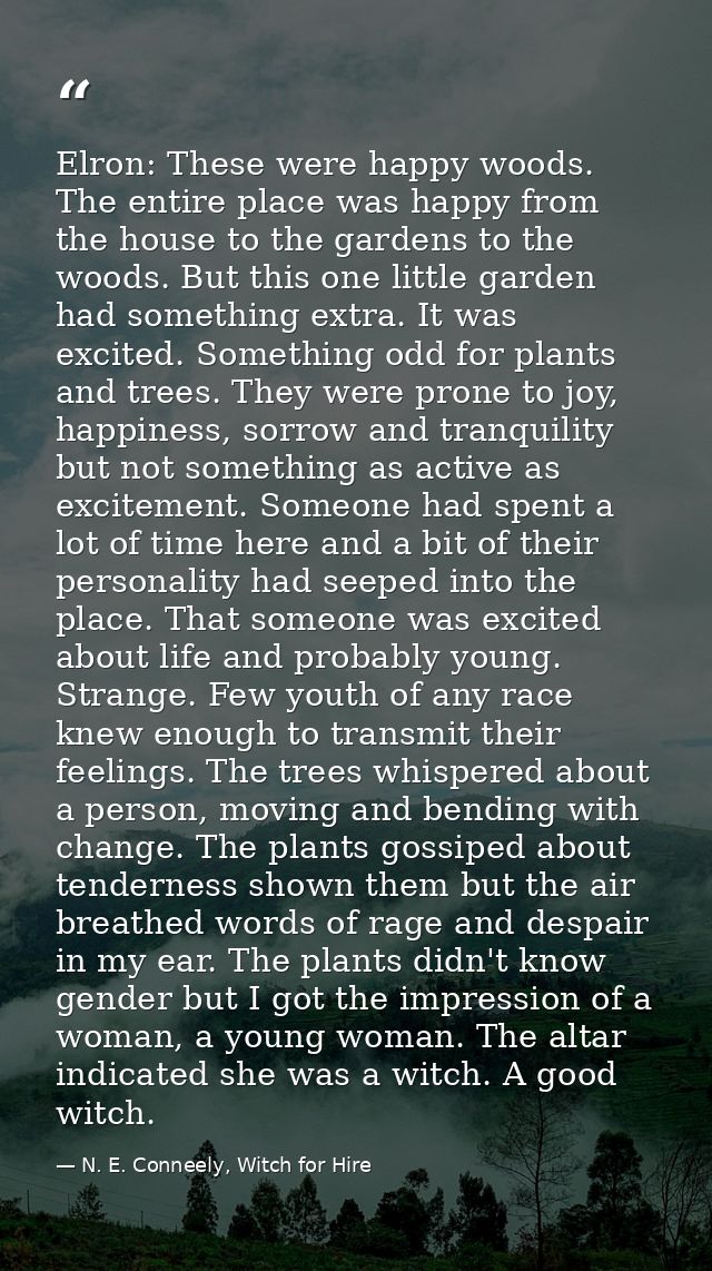 Elron: These were happy woods. The entire place was happy from the house to the gardens to the woods. But this one littl — N. E. Conneely, Witch for Hire