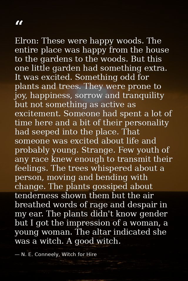 Elron: These were happy woods. The entire place was happy from the house to the gardens to the woods. But this one littl — N. E. Conneely, Witch for Hire