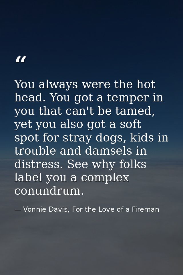 You always were the hot head. You got a temper in you that can't be tamed, yet you also got a soft spot for stray dogs,  — Vonnie Davis, For the Love of a Fireman