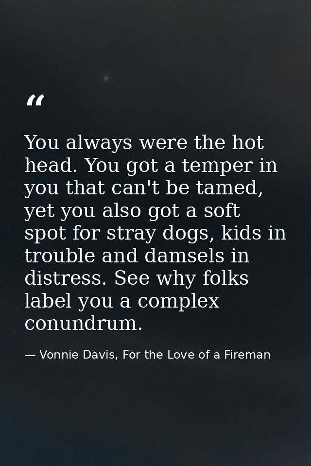 You always were the hot head. You got a temper in you that can't be tamed, yet you also got a soft spot for stray dogs,  — Vonnie Davis, For the Love of a Fireman