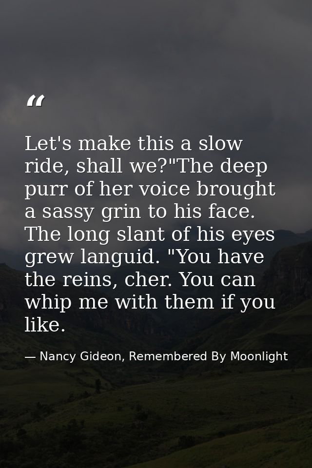 Let's make this a slow ride, shall we?"The deep purr of her voice brought a sassy grin to his face. The long slant of hi — Nancy Gideon, Remembered By Moonlight