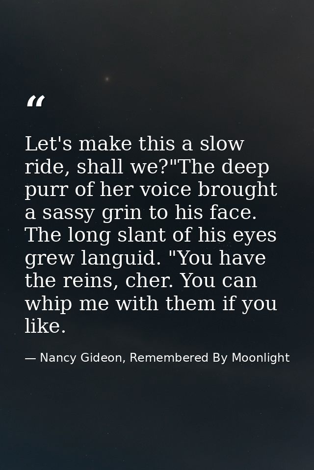Let's make this a slow ride, shall we?"The deep purr of her voice brought a sassy grin to his face. The long slant of hi — Nancy Gideon, Remembered By Moonlight