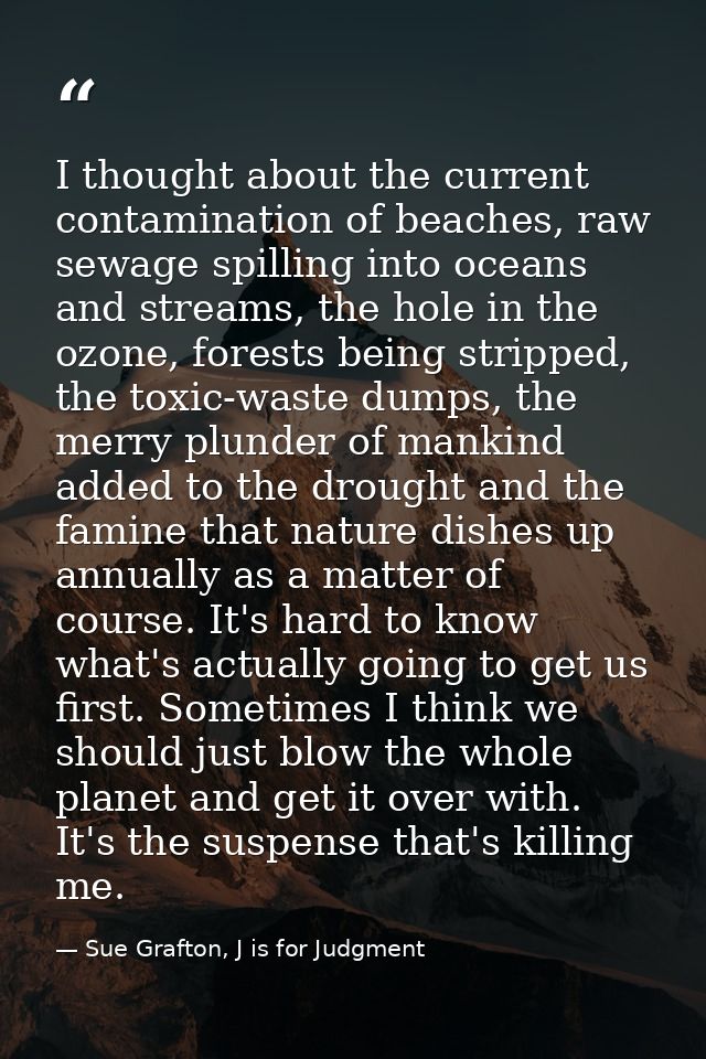 I thought about the current contamination of beaches, raw sewage spilling into oceans and streams, the hole in the ozone — Sue Grafton, J is for Judgment