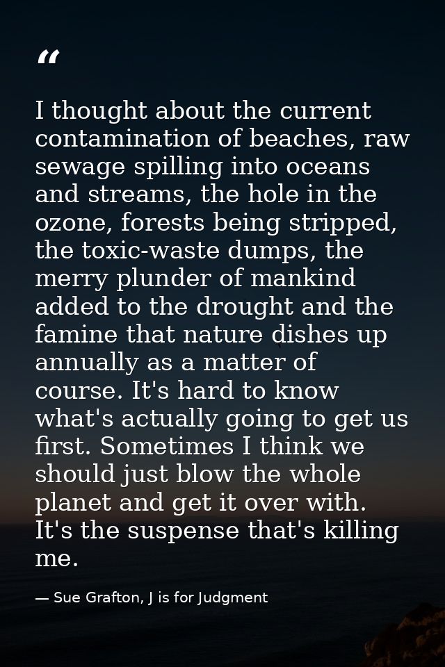 I thought about the current contamination of beaches, raw sewage spilling into oceans and streams, the hole in the ozone — Sue Grafton, J is for Judgment