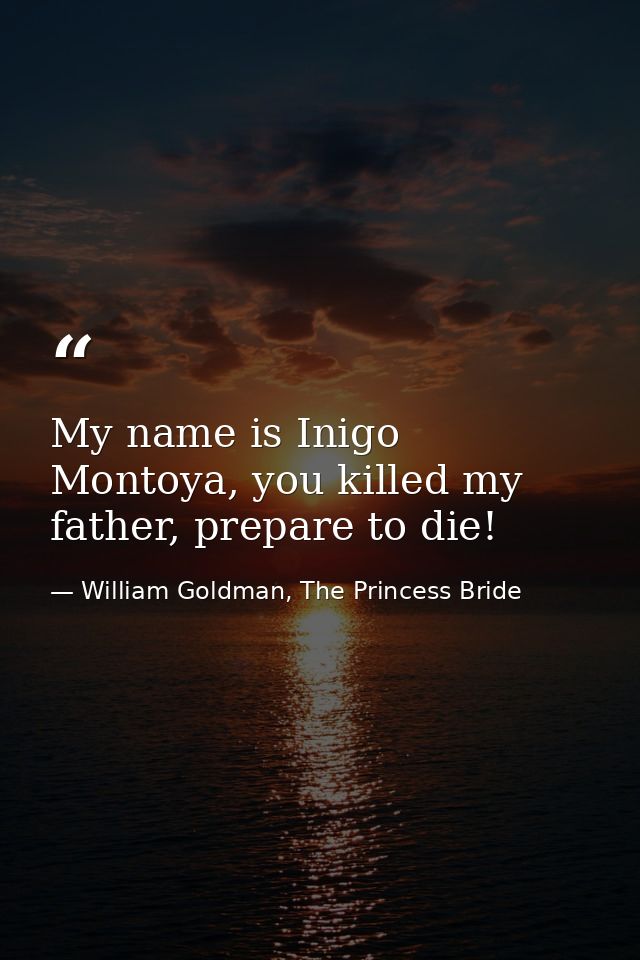 My name is Inigo Montoya, you killed my father, prepare to die! — William Goldman, The Princess Bride