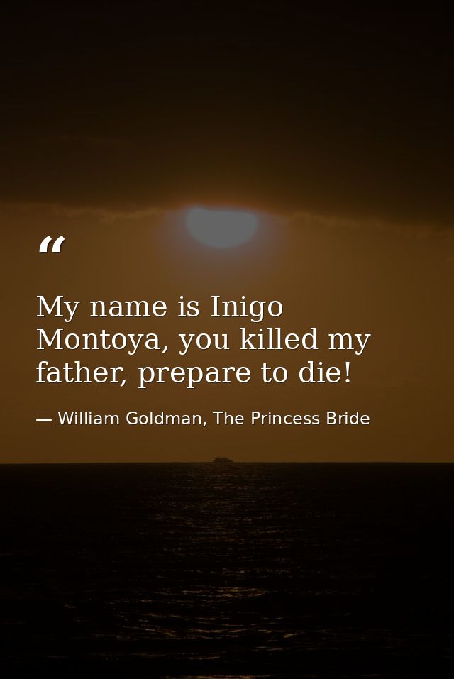 My name is Inigo Montoya, you killed my father, prepare to die! — William Goldman, The Princess Bride