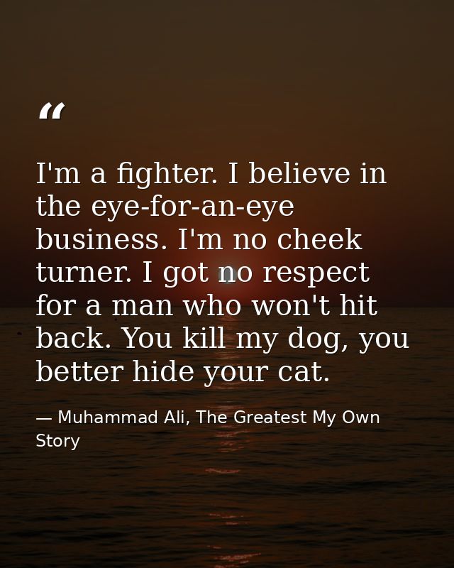 I'm a fighter. I believe in the eye-for-an-eye business. I'm no cheek turner. I got no respect for a man who won't hit b — Muhammad Ali, The Greatest My Own Story