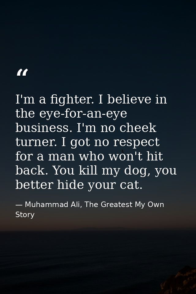 I'm a fighter. I believe in the eye-for-an-eye business. I'm no cheek turner. I got no respect for a man who won't hit b — Muhammad Ali, The Greatest My Own Story