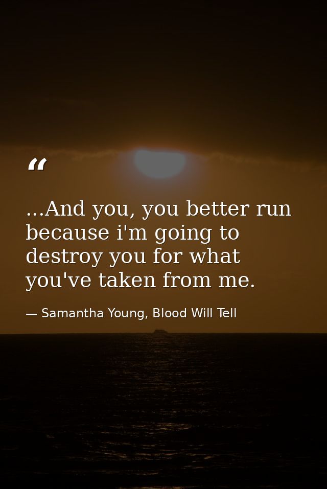 ...And you, you better run because i'm going to destroy you for what you've taken from me. — Samantha Young, Blood Will Tell