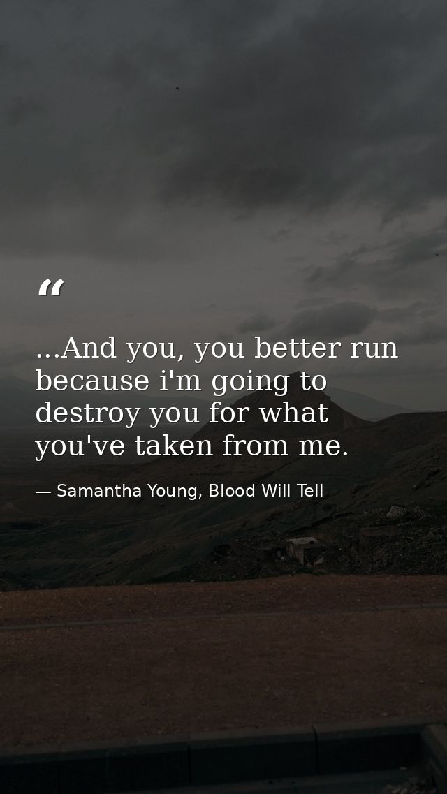 ...And you, you better run because i'm going to destroy you for what you've taken from me. — Samantha Young, Blood Will Tell
