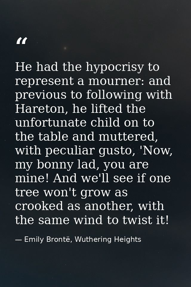 He had the hypocrisy to represent a mourner: and previous to following with Hareton, he lifted the unfortunate child on  — Emily Brontë, Wuthering Heights