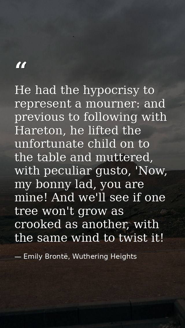 He had the hypocrisy to represent a mourner: and previous to following with Hareton, he lifted the unfortunate child on  — Emily Brontë, Wuthering Heights