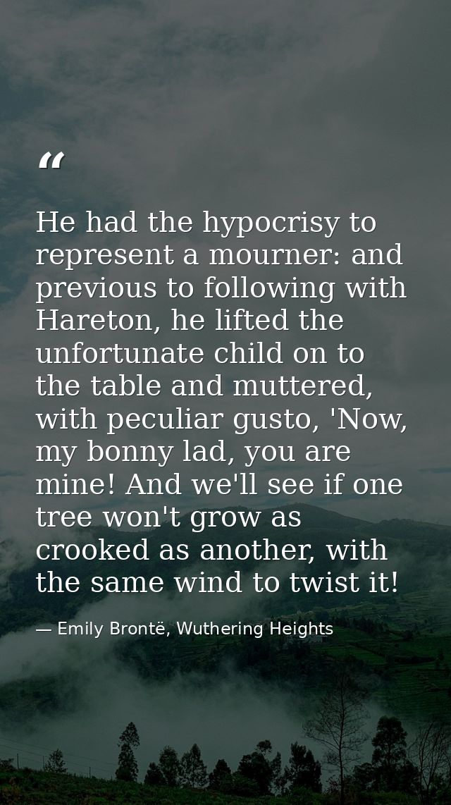 He had the hypocrisy to represent a mourner: and previous to following with Hareton, he lifted the unfortunate child on  — Emily Brontë, Wuthering Heights