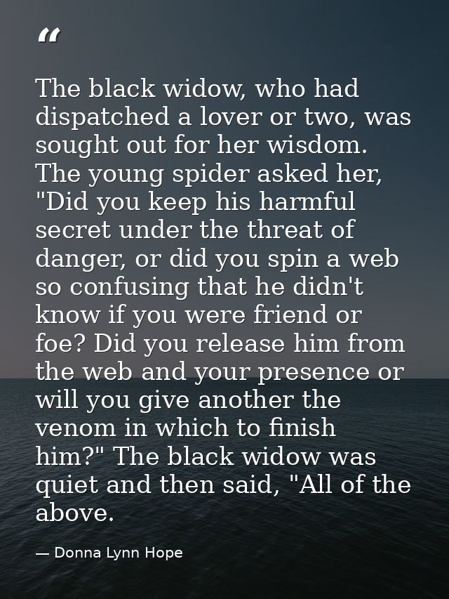The black widow, who had dispatched a lover or two, was sought out for her wisdom. The young spider asked her, "Did you  — Donna Lynn Hope