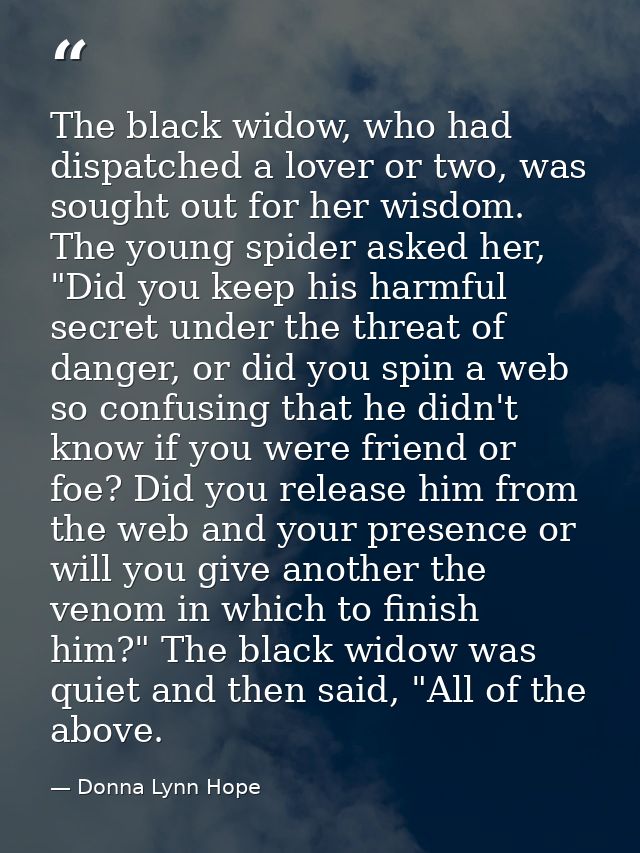 The black widow, who had dispatched a lover or two, was sought out for her wisdom. The young spider asked her, "Did you  — Donna Lynn Hope