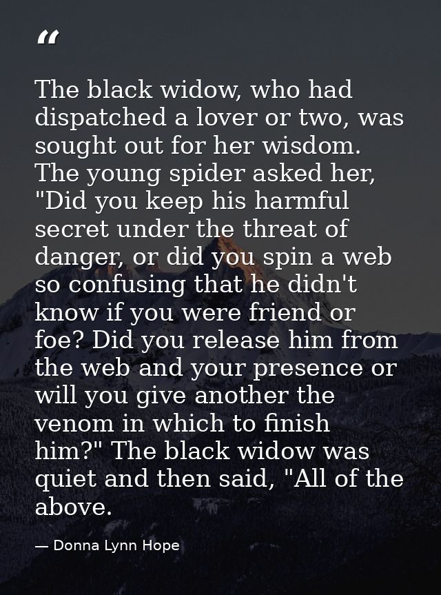 The black widow, who had dispatched a lover or two, was sought out for her wisdom. The young spider asked her, "Did you  — Donna Lynn Hope