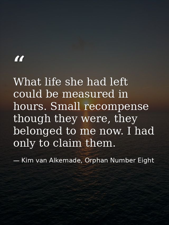 What life she had left could be measured in hours. Small recompense though they were, they belonged to me now. I had onl — Kim van Alkemade, Orphan Number Eight