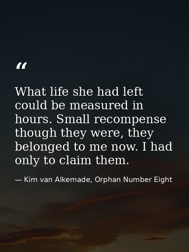 What life she had left could be measured in hours. Small recompense though they were, they belonged to me now. I had onl — Kim van Alkemade, Orphan Number Eight