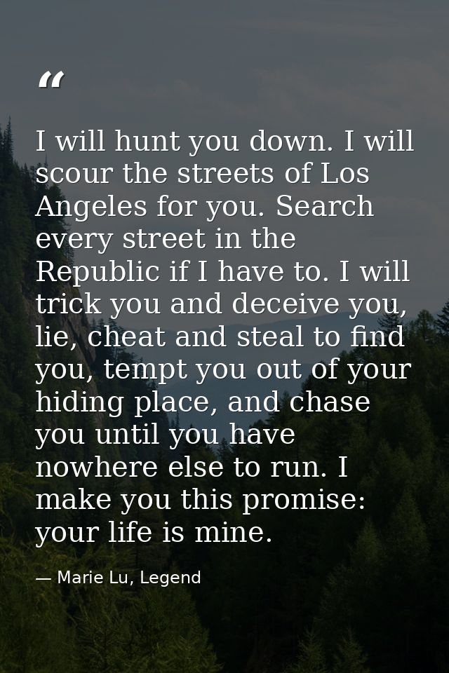 I will hunt you down. I will scour the streets of Los Angeles for you. Search every street in the Republic if I have to. — Marie Lu, Legend