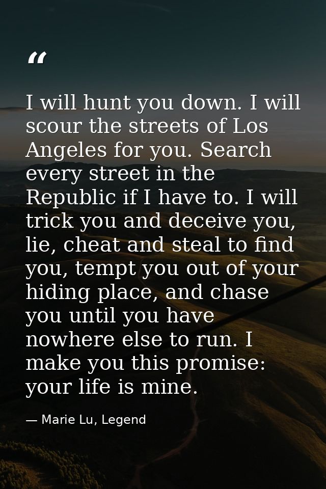 I will hunt you down. I will scour the streets of Los Angeles for you. Search every street in the Republic if I have to. — Marie Lu, Legend