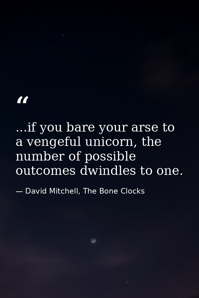 ...if you bare your arse to a vengeful unicorn, the number of possible outcomes dwindles to one. — David Mitchell, The Bone Clocks