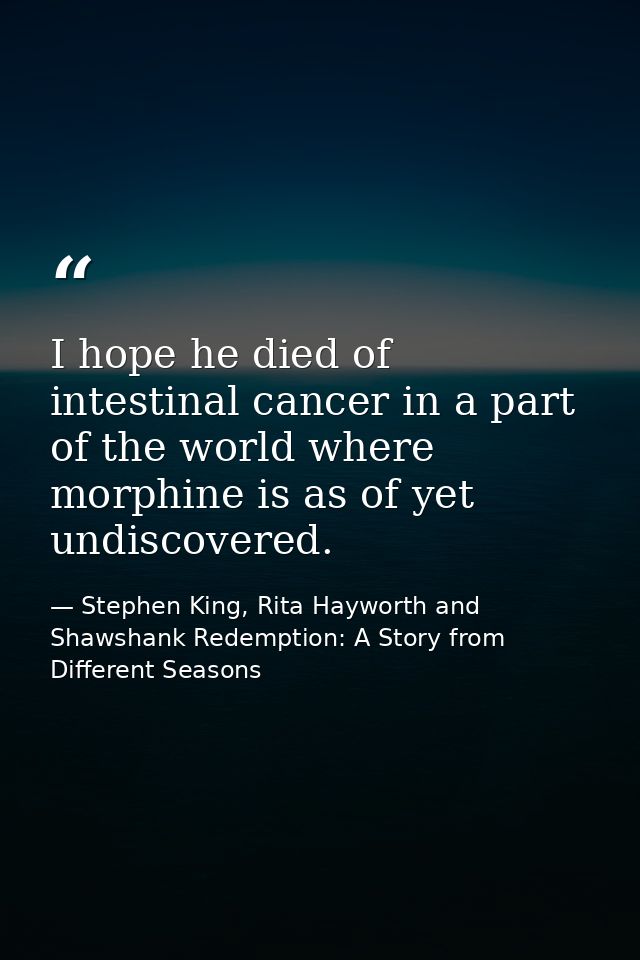 I hope he died of intestinal cancer in a part of the world where morphine is as of yet undiscovered. — Stephen King, Rita Hayworth and Shawshank Redemption: A Story from Different Seasons