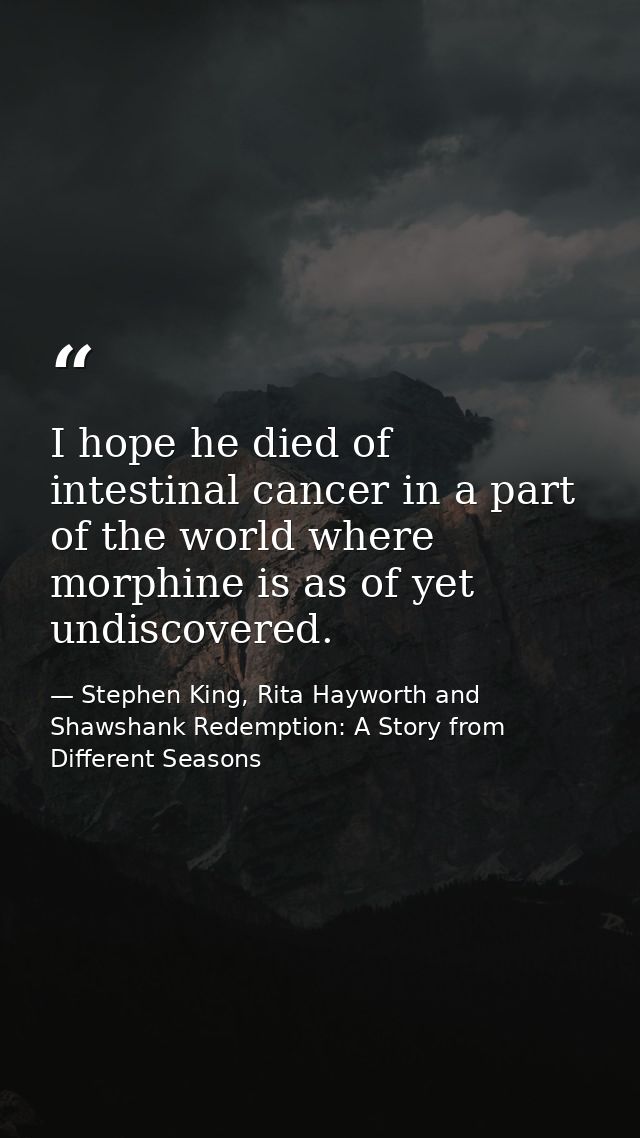 I hope he died of intestinal cancer in a part of the world where morphine is as of yet undiscovered. — Stephen King, Rita Hayworth and Shawshank Redemption: A Story from Different Seasons