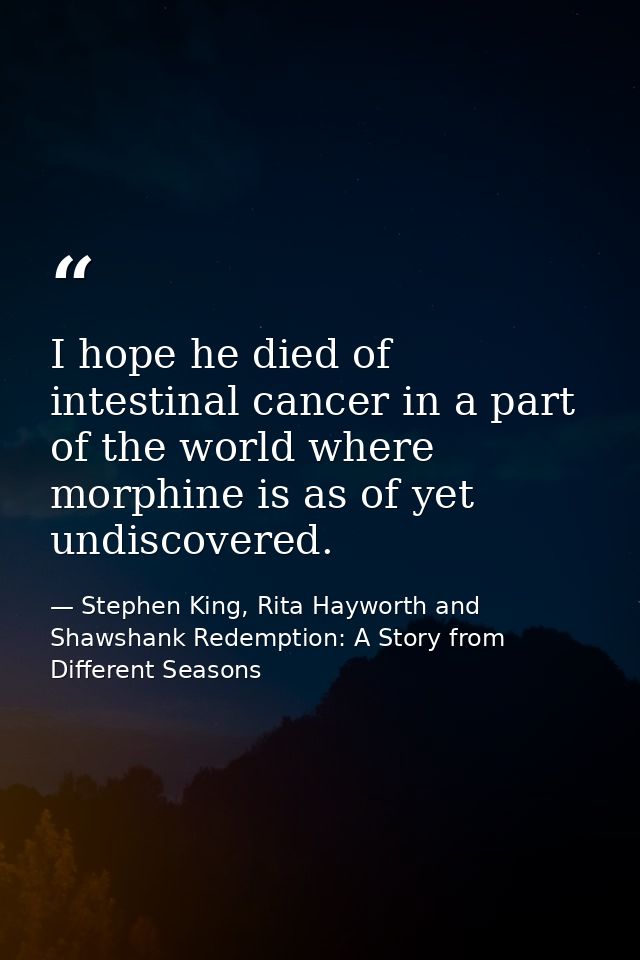 I hope he died of intestinal cancer in a part of the world where morphine is as of yet undiscovered. — Stephen King, Rita Hayworth and Shawshank Redemption: A Story from Different Seasons