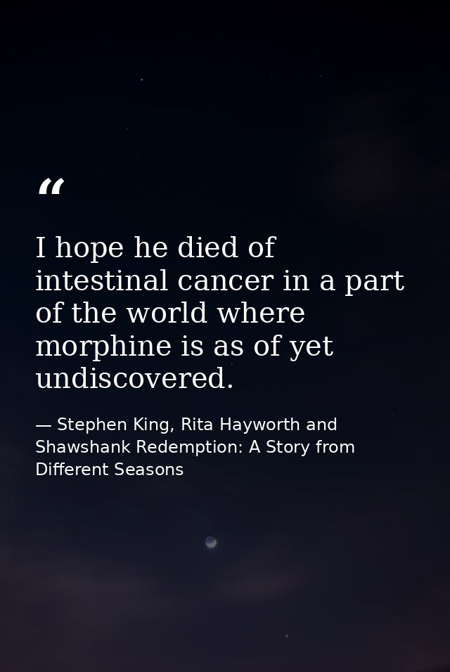 I hope he died of intestinal cancer in a part of the world where morphine is as of yet undiscovered. — Stephen King, Rita Hayworth and Shawshank Redemption: A Story from Different Seasons