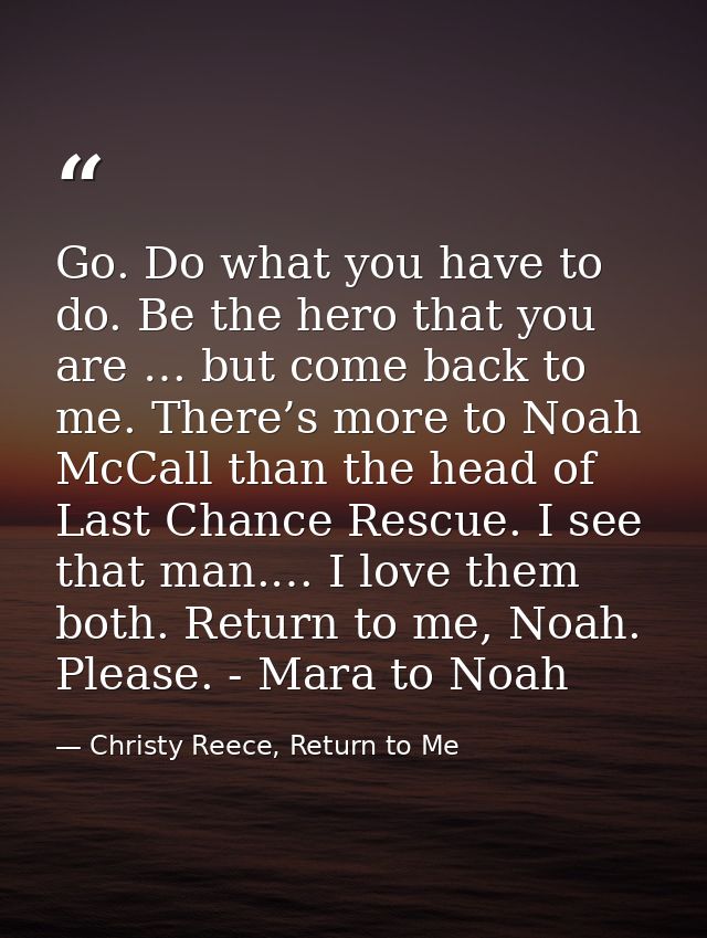 Go. Do what you have to do. Be the hero that you are … but come back to me. There’s more to Noah McCall than the head of — Christy Reece, Return to Me