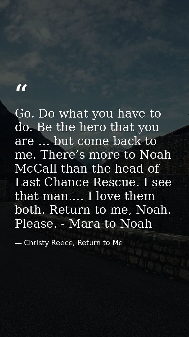 Go. Do what you have to do. Be the hero that you are … but come back to me. There’s more to Noah McCall than the head of — Christy Reece, Return to Me