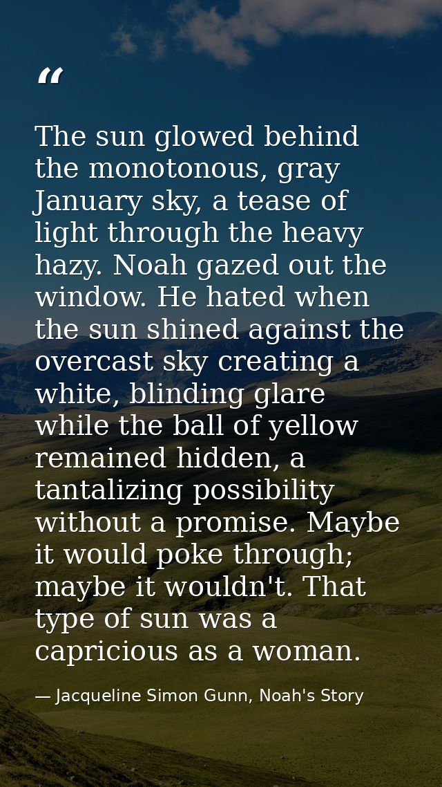The sun glowed behind the monotonous, gray January sky, a tease of light through the heavy hazy. Noah gazed out the wind — Jacqueline Simon Gunn, Noah's Story